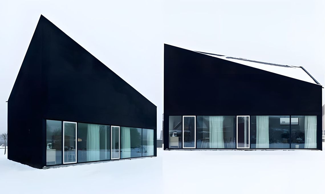 Two exterior views of BURO II's black-clad Barn House in Flanders, Belgium — asymmetric pitched roof, full-width glazing, win