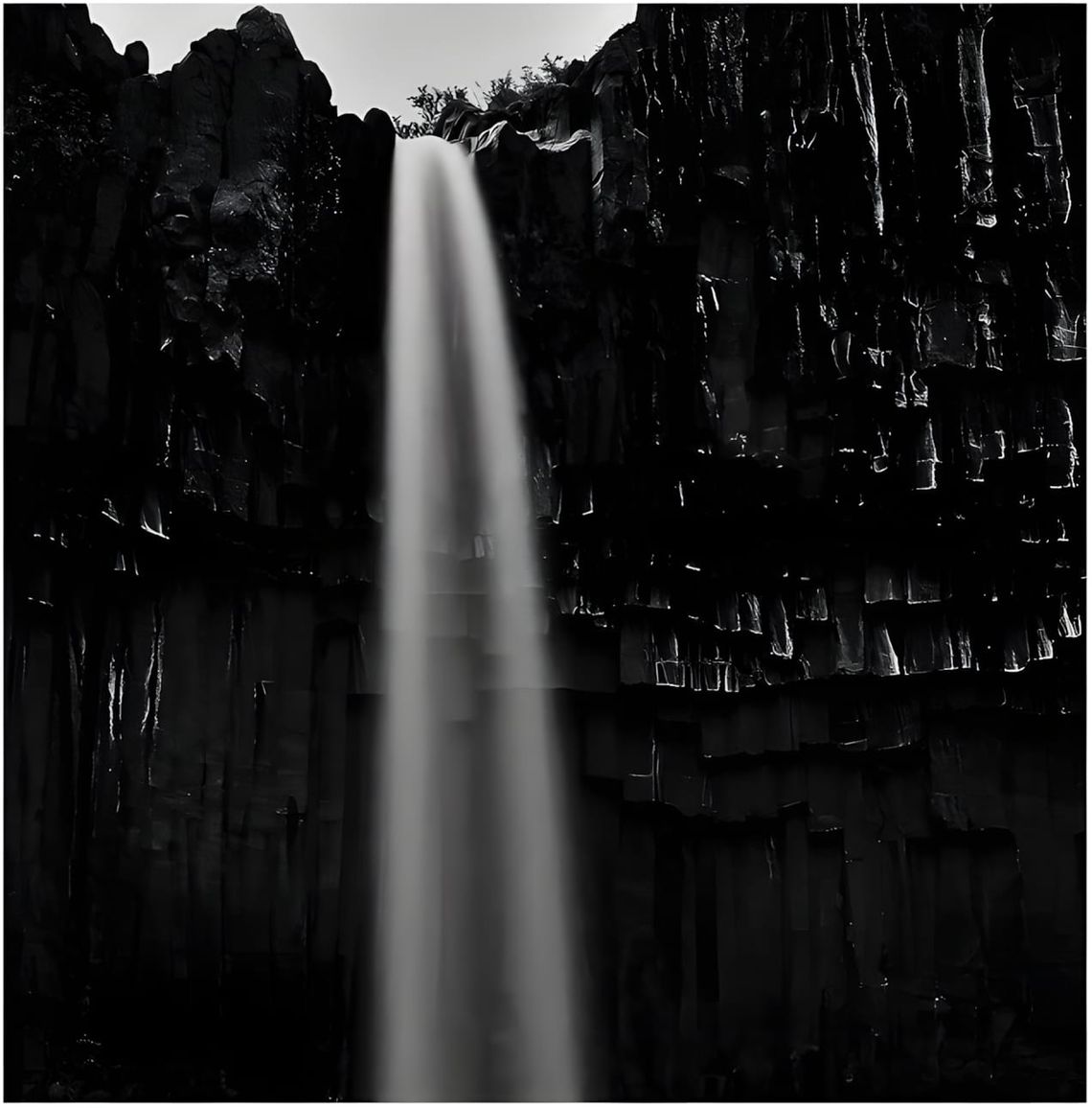 Black-and-white long-exposure of Svartifoss waterfall, Iceland, flanked by hexagonal basalt columns.