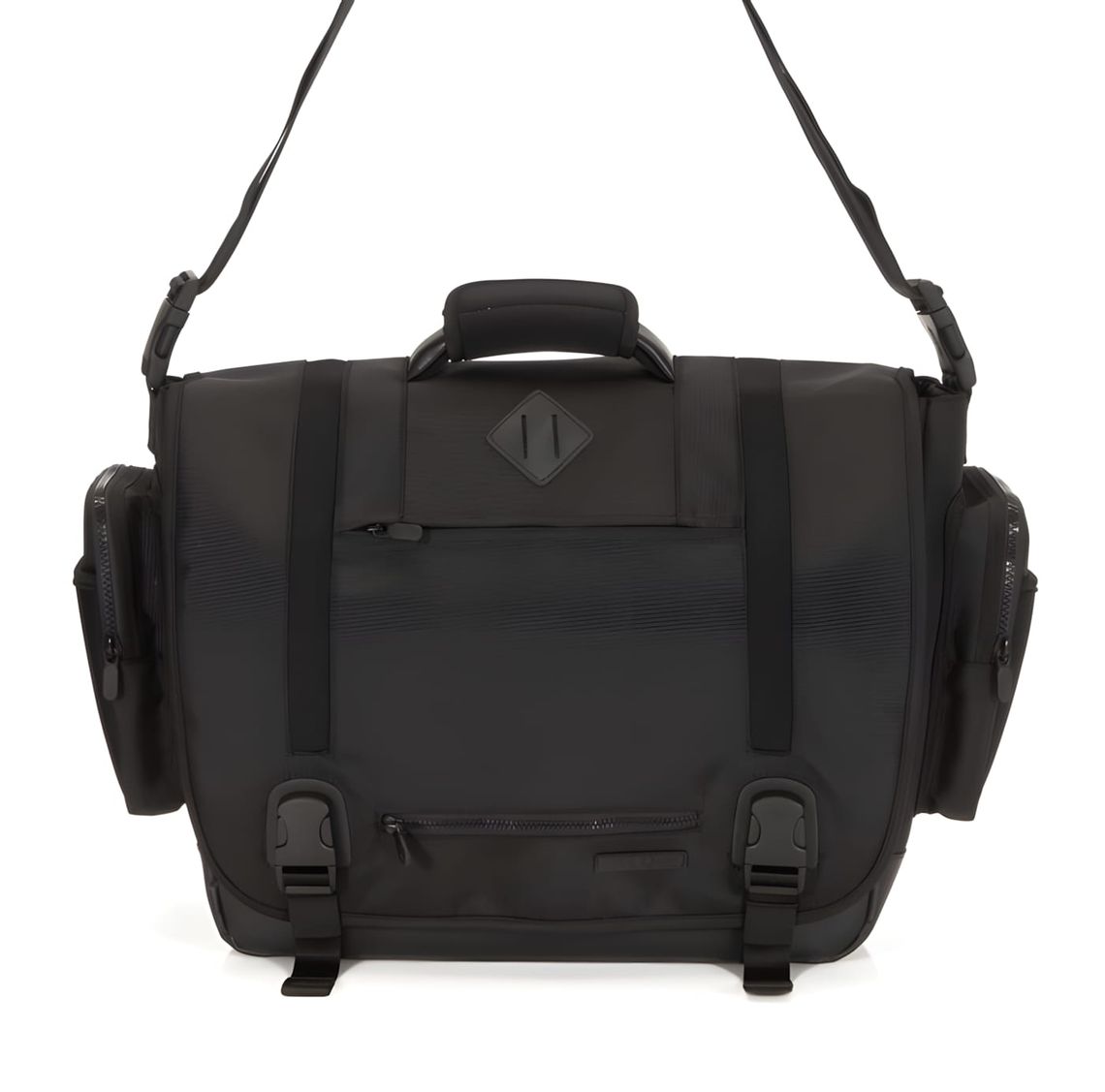 Lexdray Manhattan Messenger bag in black ballistic nylon, front view showing side pockets, buckle closures, and diamond pull 
