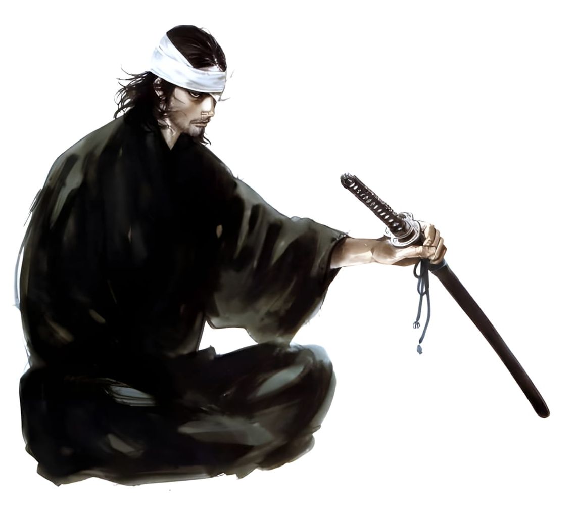 Vagabond illustration: Musashi seated cross-legged in black kimono, white hachimaki, holding katana — by Takehiko Inoue
