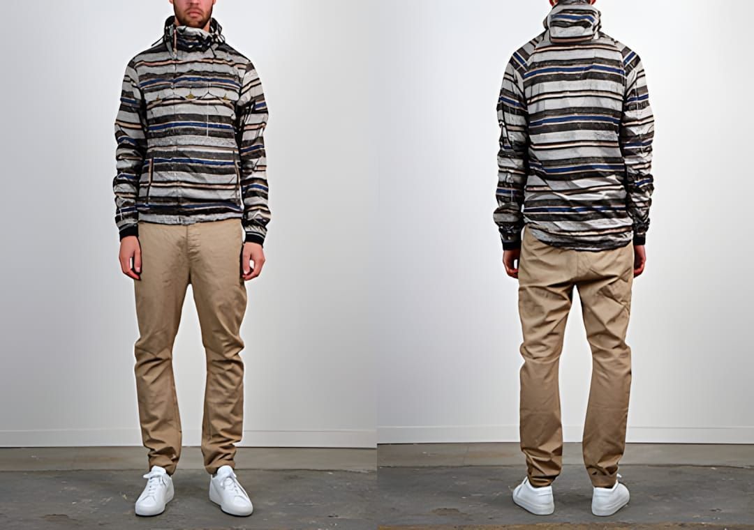 Nanamica Pertex Wind Parka in blanket-stripe print, front and back views on model, khaki trousers, white sneakers.