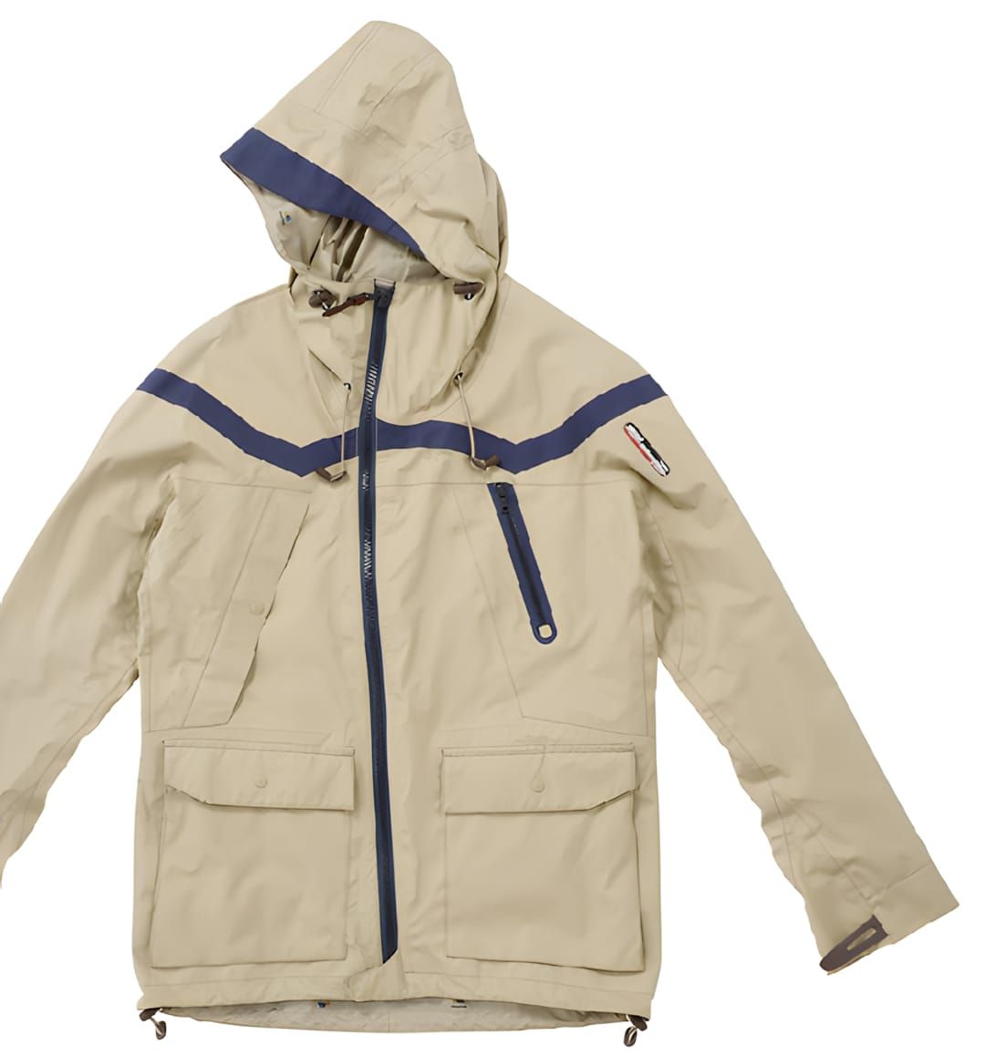 Visvim Otzi 3L Gore-Tex RECCO Nomad jacket in khaki with navy chest tape stripes and multipocket hood.