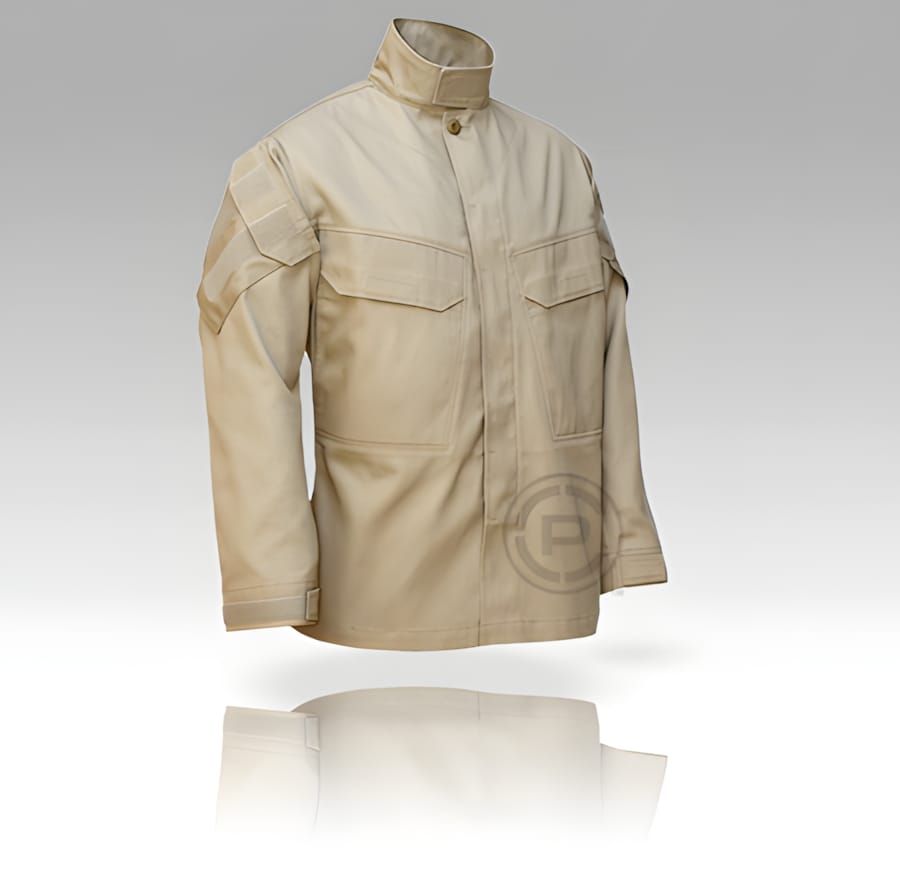 Ghost-mannequin product shot of the Crye Precision G3 Field Shirt in khaki — front three-quarter view showing dual-entry ches