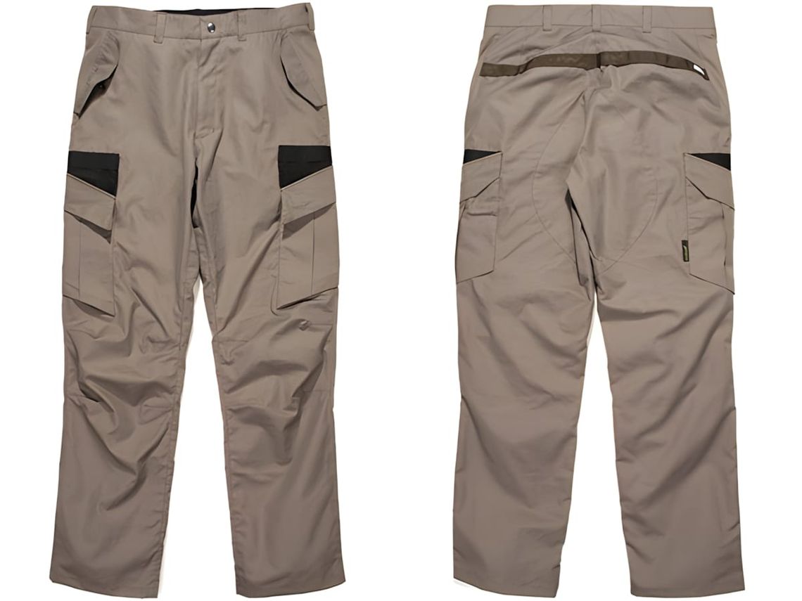 ACRONYM P10 cargo trousers, front and back, khaki with black reinforced knee and thigh panels.
