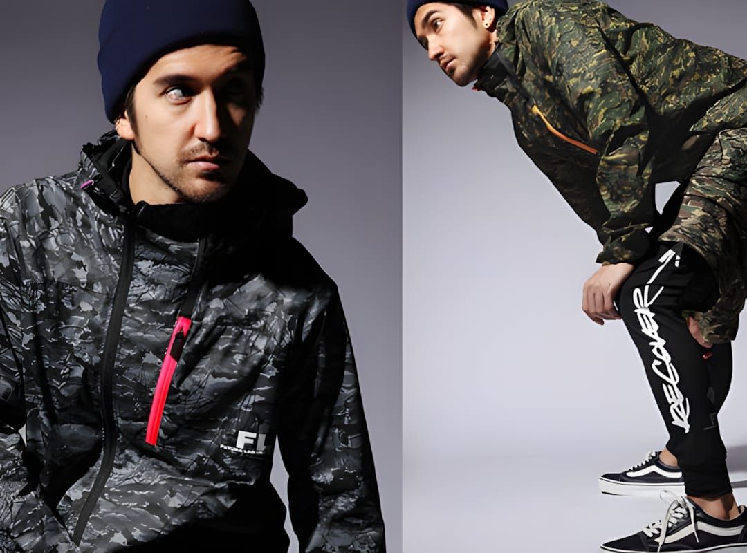 Two models in Futura Laboratories SS2011 lookbook: all-over print anorak with pink zip (left), green camo jacket and graphic 