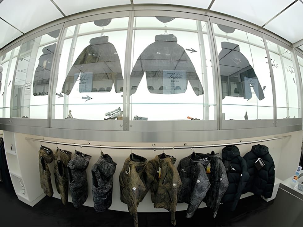 Sitka Gear trade show booth, fisheye view — hunting jackets in Optifade Open Country and Forest camo on hangers below a curve
