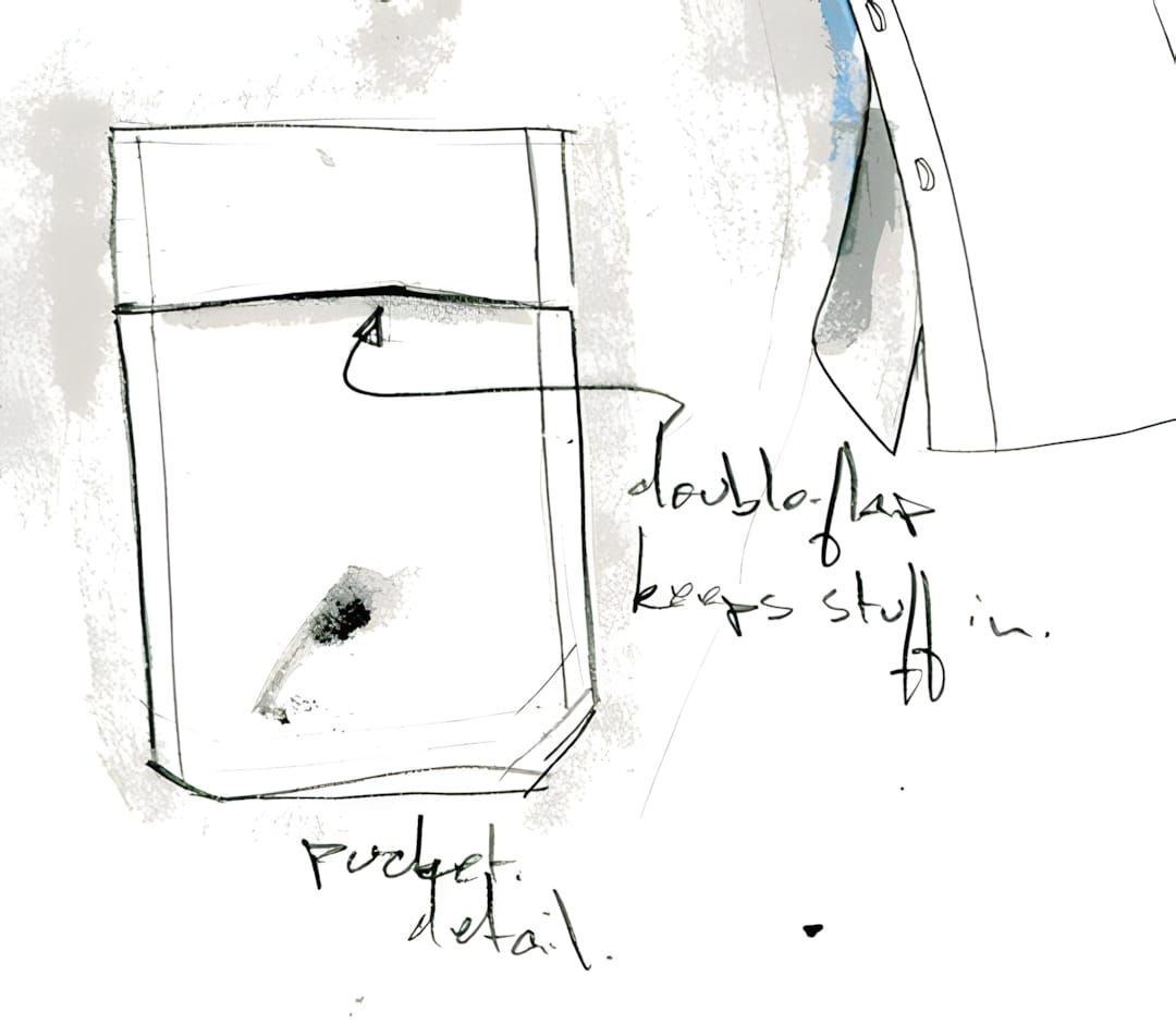 Hand-drawn construction sketch of the Outlier Pivot Shirt's double-flap chest pocket, with handwritten annotation reading "do