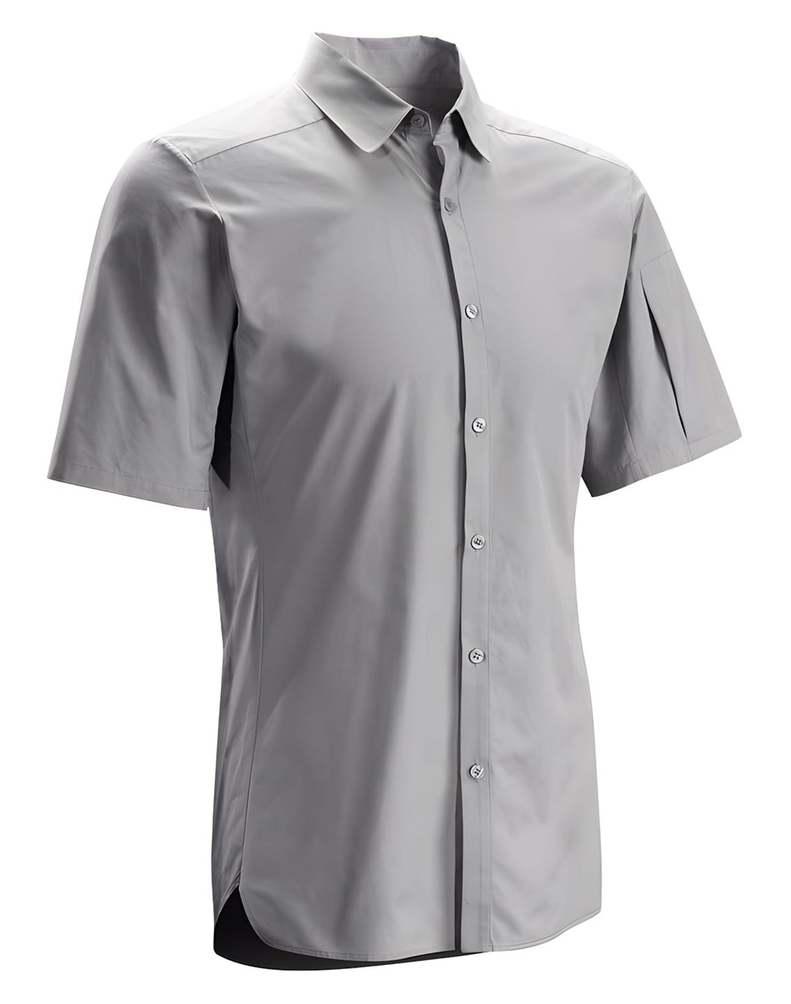 Arc'teryx Veilance Spring/Summer 2010 short-sleeve button-up shirt in light grey, ghost-mannequin product shot showing articu