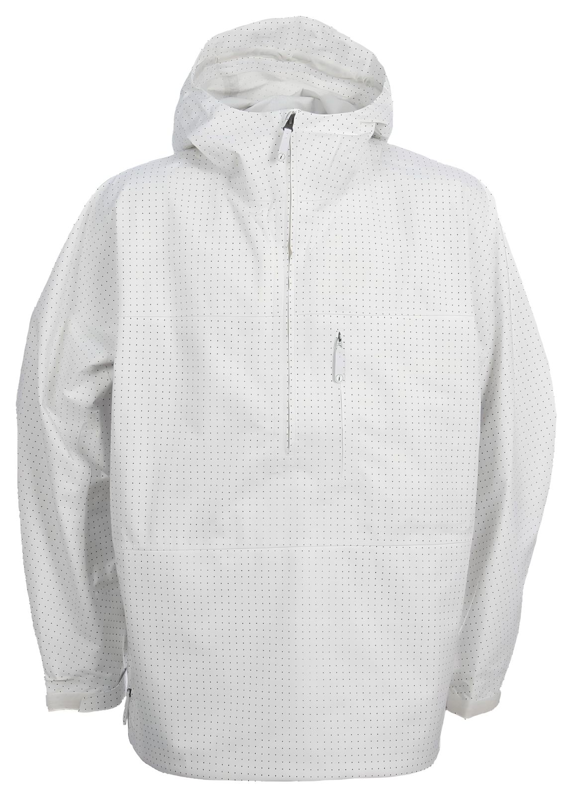 Burton Idiom 2.5L shell snowboard jacket in white micro-dot print, pullover anorak cut with hood and chest zip pocket.