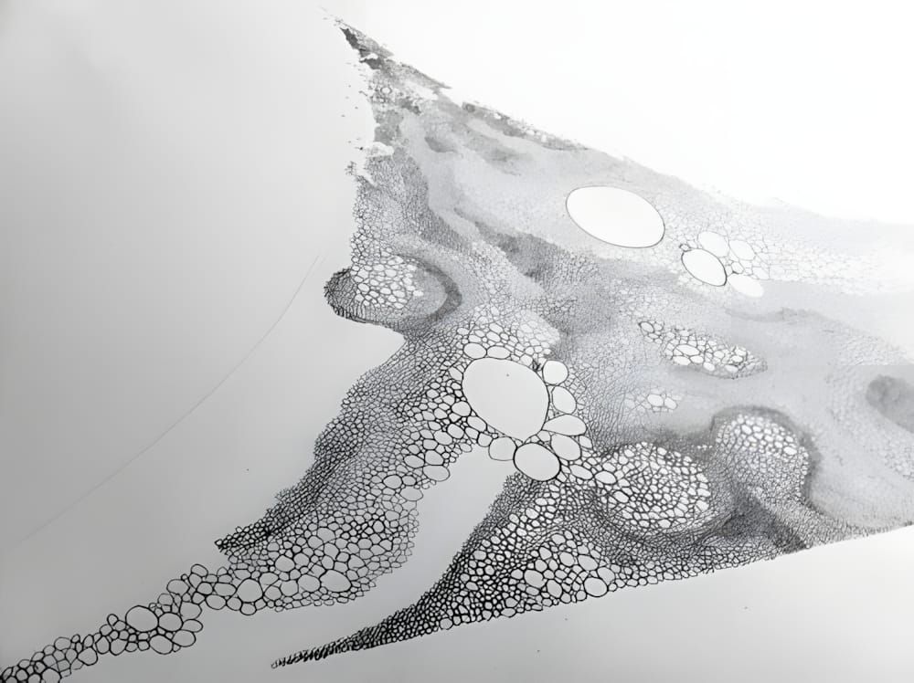 Abstract fine-pen ink drawing by Sam Winston composed of densely clustered circles and dots, each representing a birth record