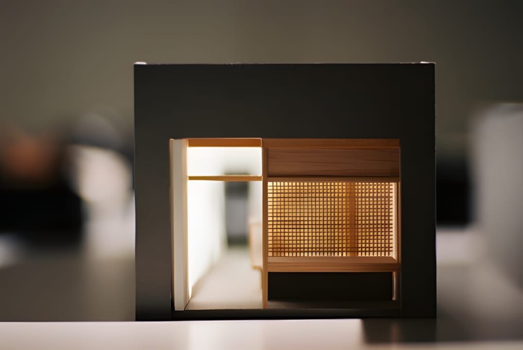 Architectural scale model: matte black exterior cube, interior showing timber lattice screen and wood-clad surfaces