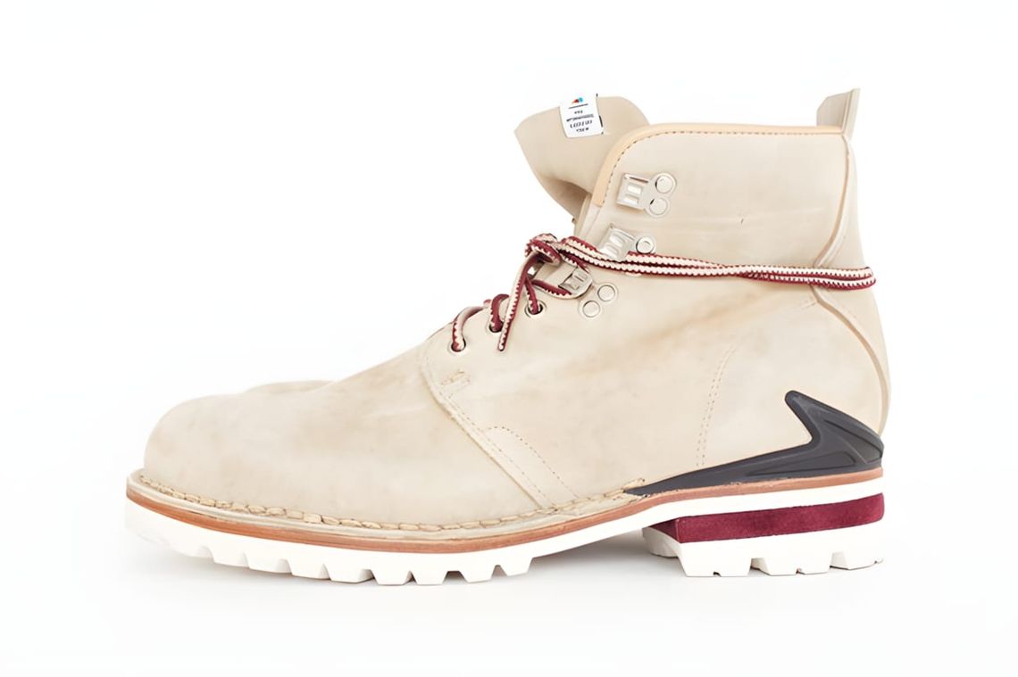 Visvim Zermatt Boot Folk in cream/sand suede, lateral profile view, showing brass D-ring eyelets, red-and-white braided laces