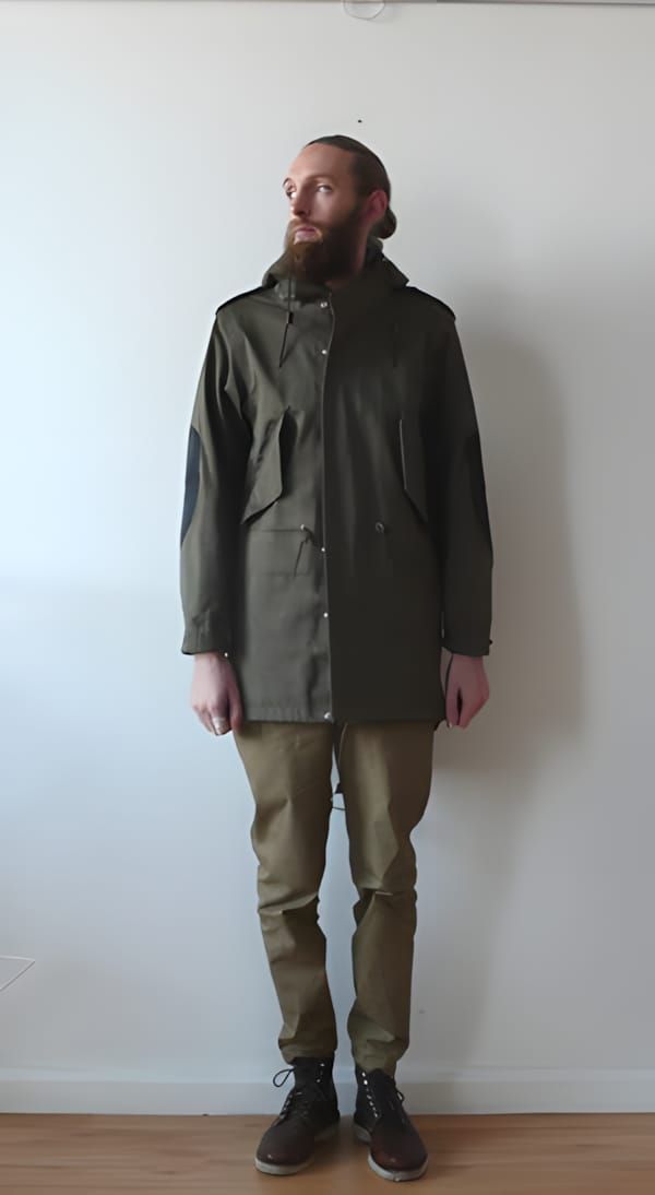 Visvim Townsend Gore-Tex fishtail parka in olive green herringbone twill fabric
