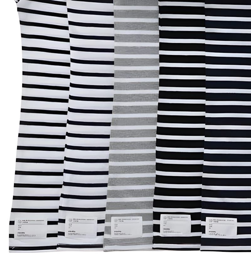 Four visvim striped mufflers laid flat side by side showing colorways: navy on cream, black on white, heather grey on white, 