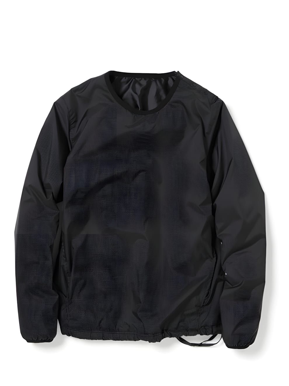 Nonnative Handyman Pullover in black micro-grid nylon ripstop, ghost-mannequin product shot, crewneck with elasticated cuffs 