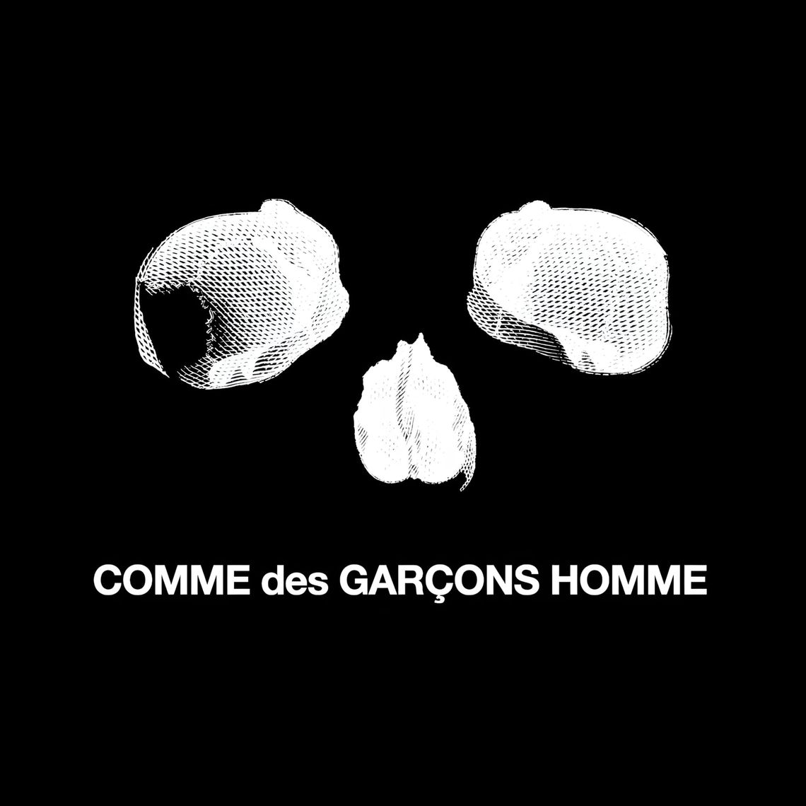Comme des Garçons Homme campaign: three white engraved garlic bulbs on black, brand name in white below.