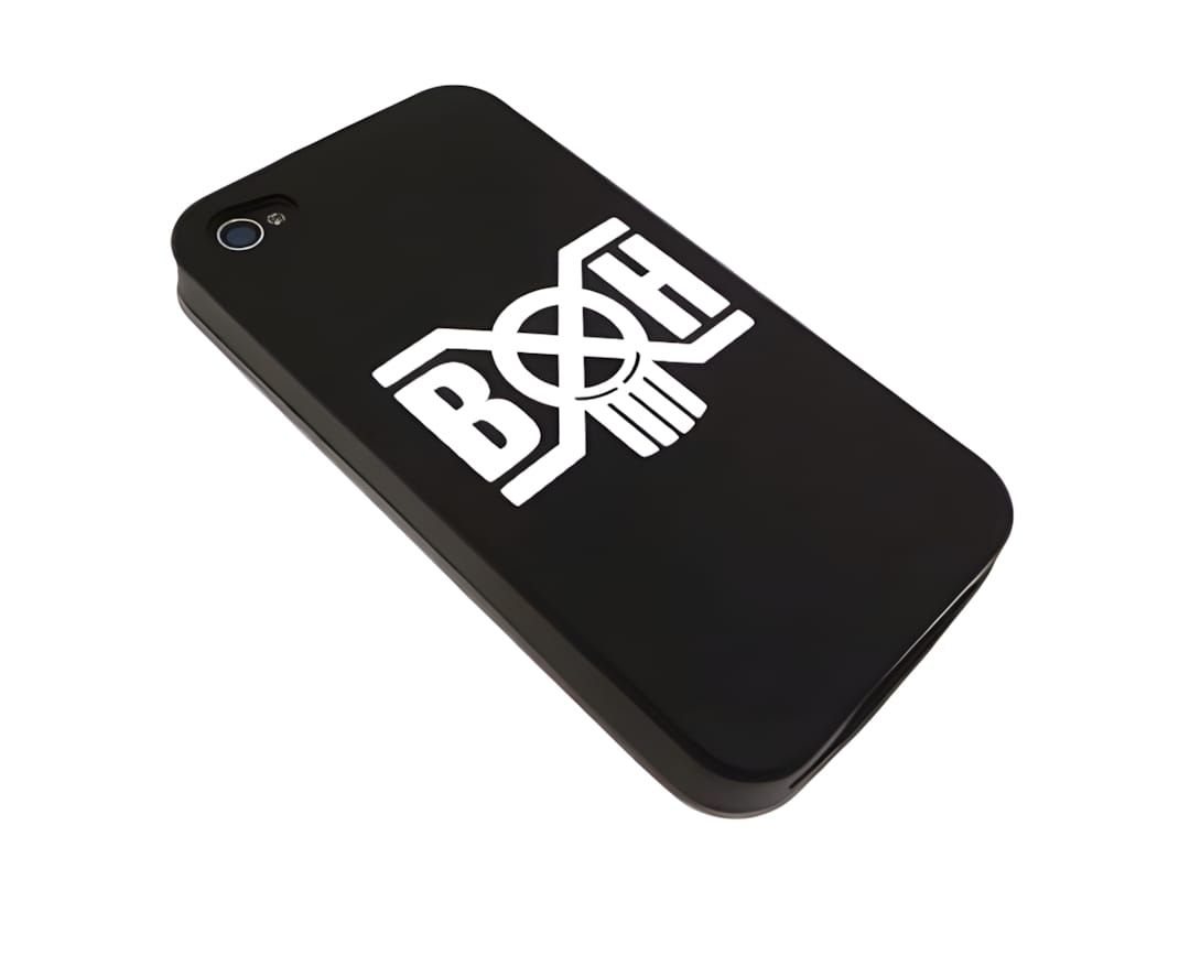 Matte black iPhone 4 hardcase, three-quarter view, white BxH (Bounty Hunter) logo on back panel, white background.