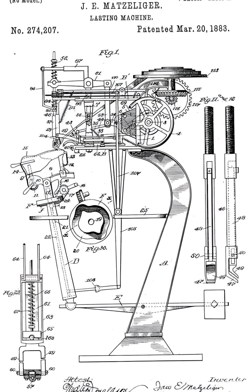 US patent drawing No. 274,207 for J.E. Matzeliger's Lasting Machine, patented March 20, 1883.