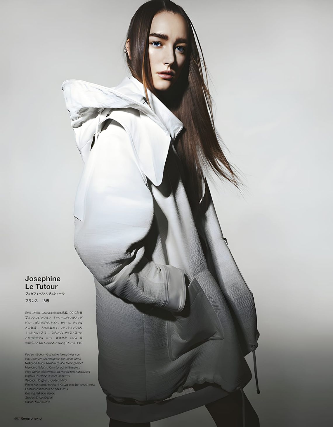 Joséphine Le Tutour in an oversized white hooded coat by Alexander Wang, Numéro Tokyo July/August 2013.