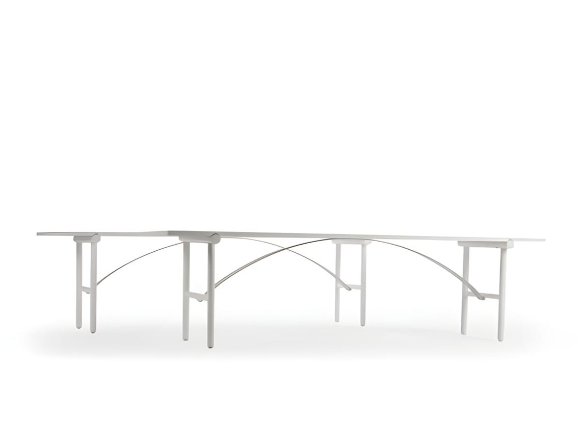 Bow table and bench by Benjamin Hubert for De La Espada — solid ash frames with rolled mild steel tension rods forming the cu
