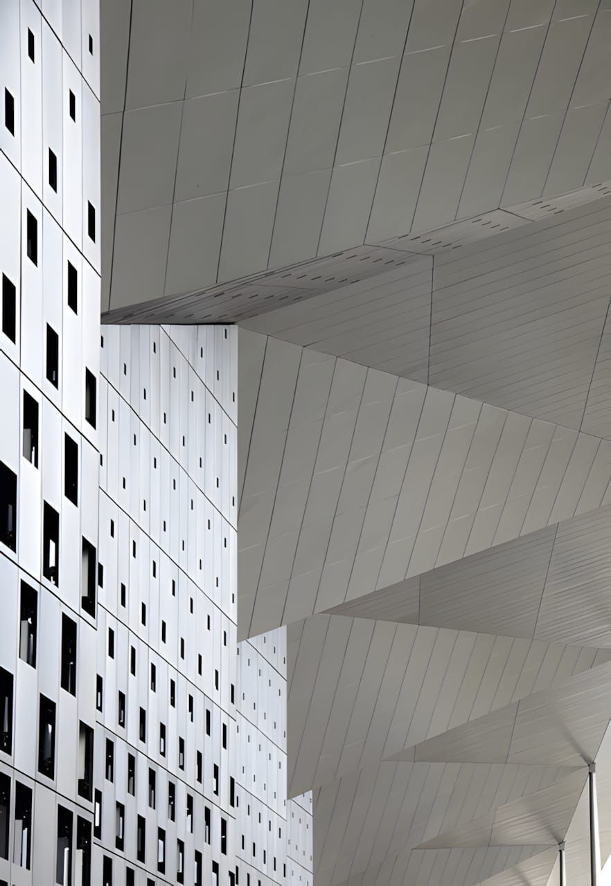 Close-up of Sweden Pavilion facade, Shanghai Expo 2010 — white perforated steel panels with Stockholm street-map pattern and 