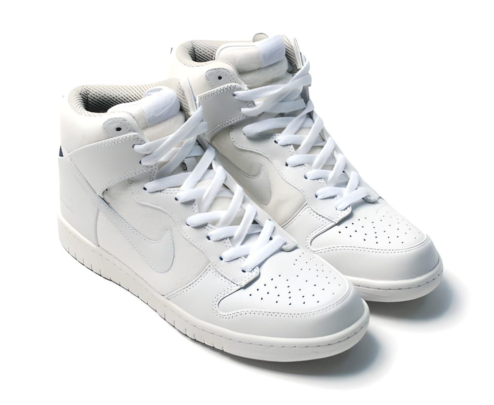 Nike Dunk High Premium Spark Pack in white/midnight fog/sail — all-white leather and suede pair, three-quarter view