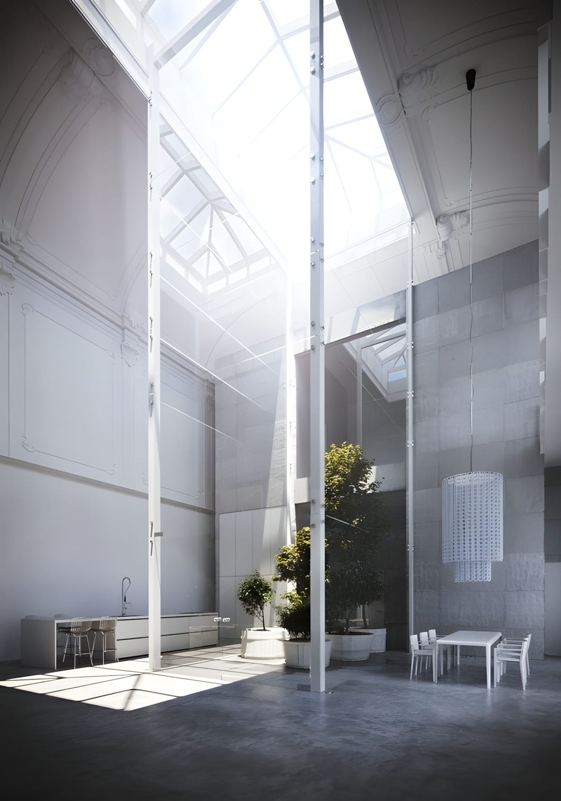 Interior of the Lissoni Associati Private Loft Monza — white concrete floors and walls with preserved theatre ornament detail