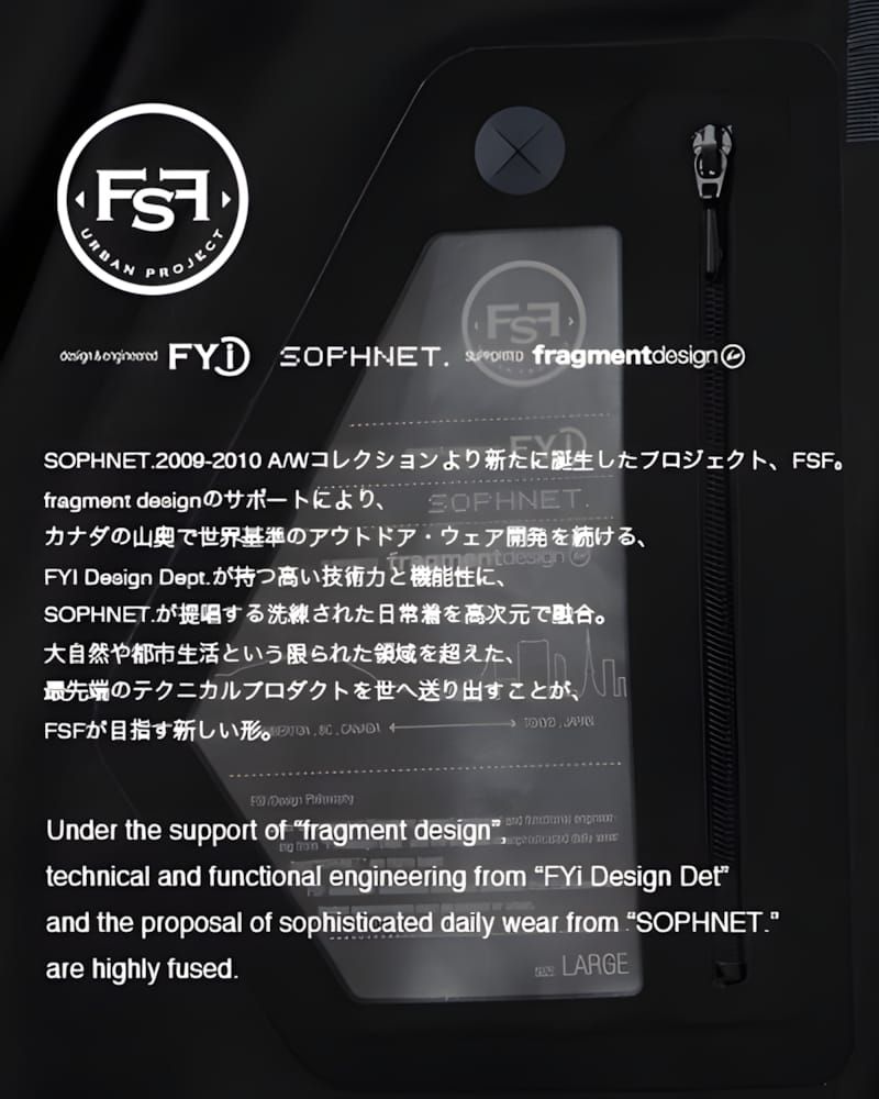 Close-up of FSF Urban Project hang-tag and interior label on dark nylon outerwear, showing FSF circle logo, FYi Design, SOPHN