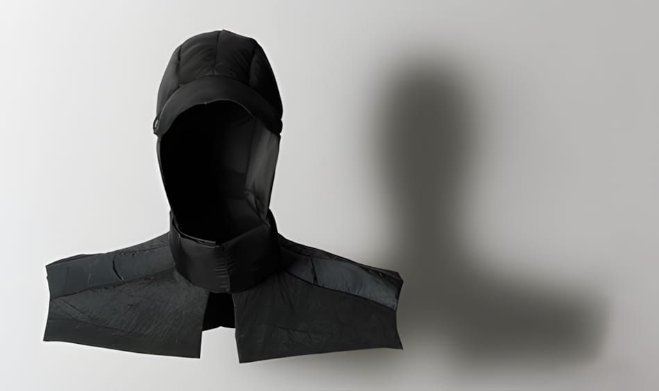 Black structured hood and shoulder cape by Aitor Throup, photographed in isolation against a light grey background with a cas