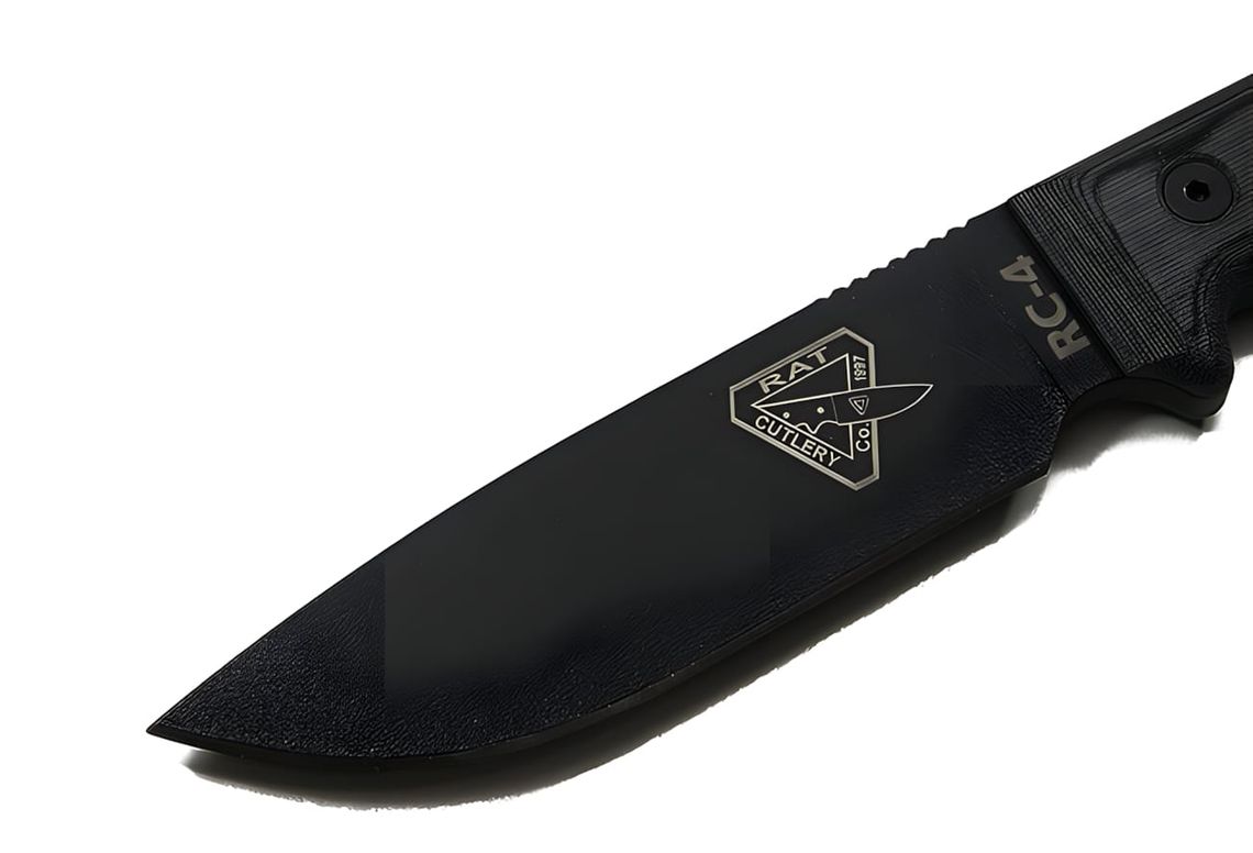 RAT Cutlery RC-4 fixed blade knife, black drop point blade with RAT Cutlery diamond logo, black G-10 handle