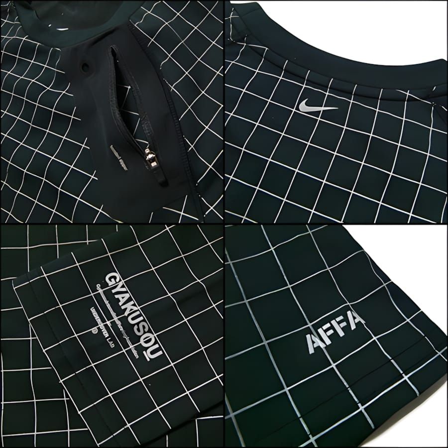 Four-panel detail of Nike Gyakusou x AFFA dark green 3M grid Dri-Fit running jacket; AFFA and GYAKUSOU text printed on fabric