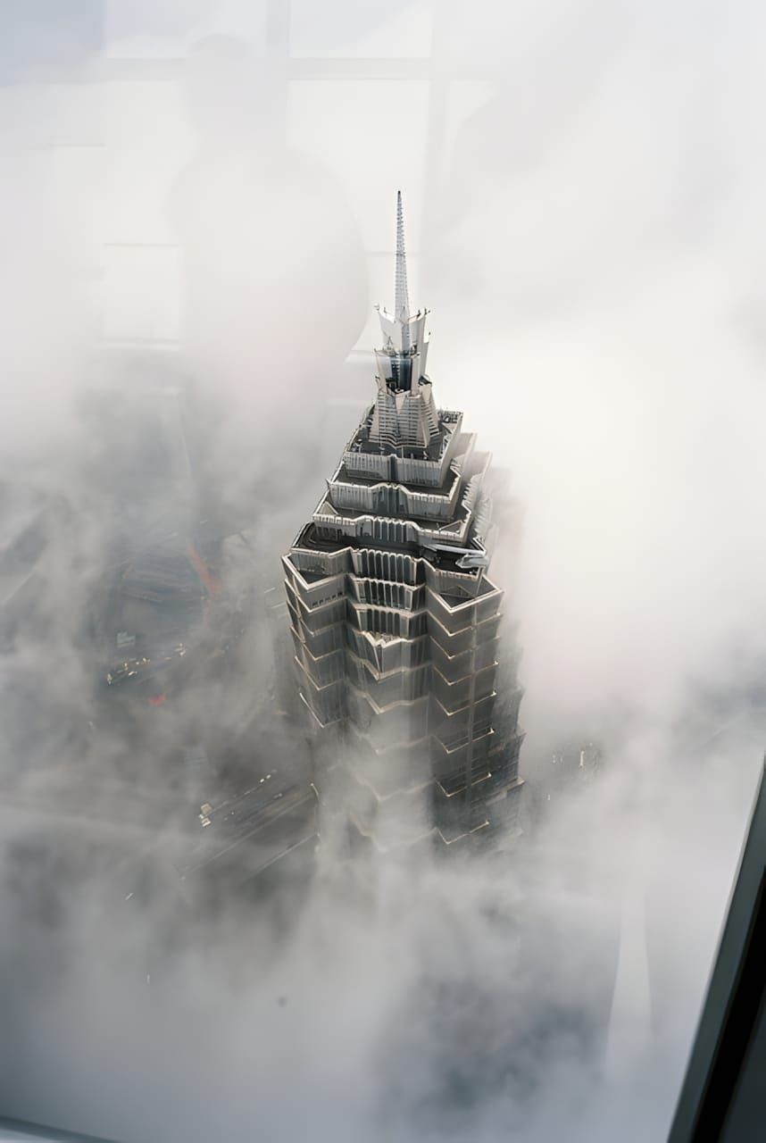Aerial view of Shanghai's Jin Mao Tower piercing through dense cloud cover, stepped pagoda spire visible above the fog.