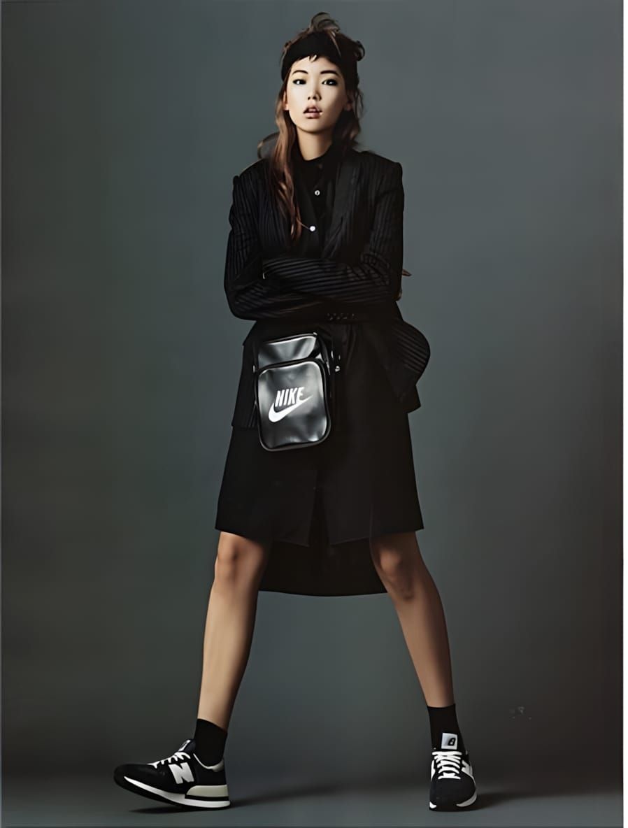 Model in all-black outfit wearing a black Nike Heritage shoulder bag crossbody, with New Balance sneakers, gray studio backdr