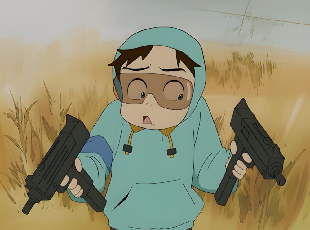 Anime still from FLCL (Fooly Cooly) featuring protagonist Naota Nandaba, from the Gainax OVA series (2000–2001).