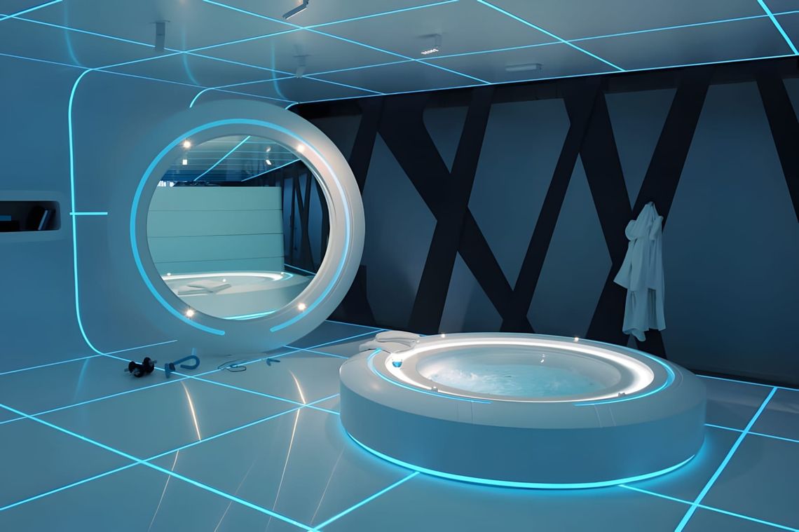 Futuristic all-white Corian bathroom installation with circular wall mirror, round recessed whirlpool, and cyan LED grid line