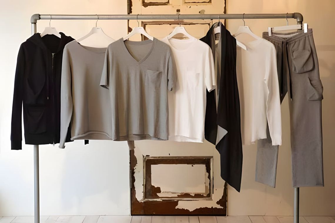 Clothing rack holding n(n) jersey basics: black zip hoodie, grey v-neck, white and black tees, white top, grey cargo drawstri