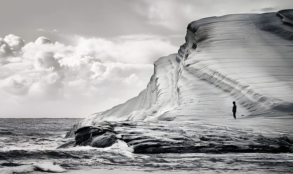 B&W photo: lone figure atop Scala dei Turchi's stepped white marl limestone cliff, sea below, cloudy sky.