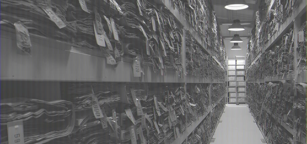 Narrow armory corridor flanked floor-to-ceiling by shelves densely packed with stacked rifles and gun stocks.