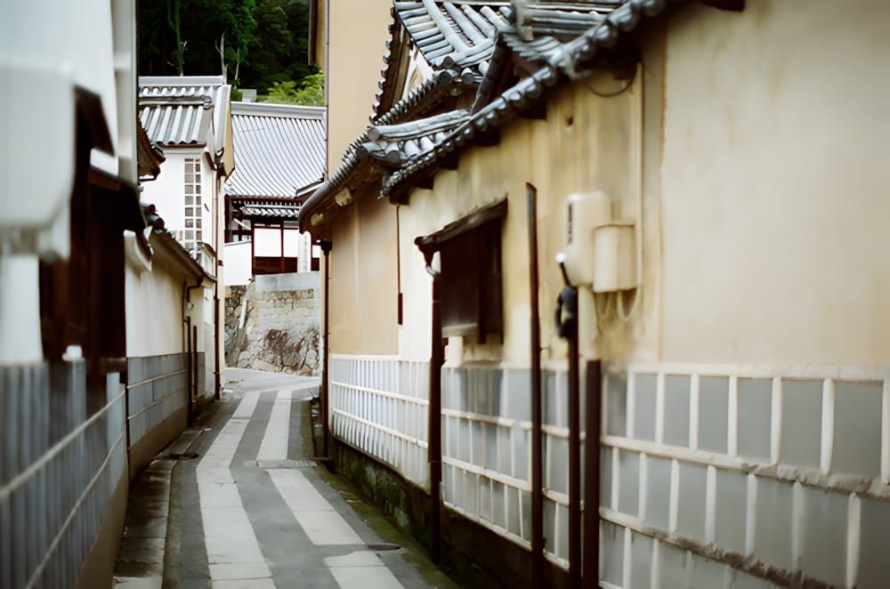 Narrow lane between white-plastered walls with dark ceramic roof tiles, Kurashiki Bikan quarter, Okayama.