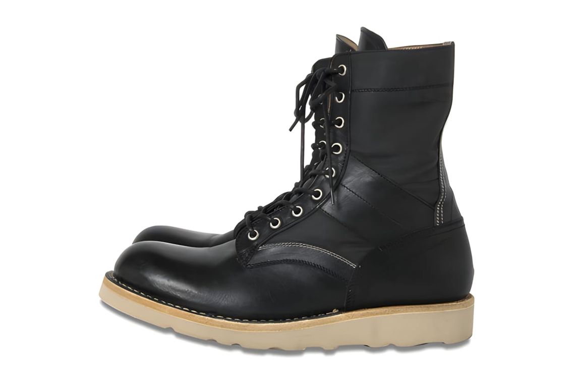 Tall black leather moc-toe lace-up boot with cream crepe wedge sole, BSM x Nonnative collaboration, 2011.