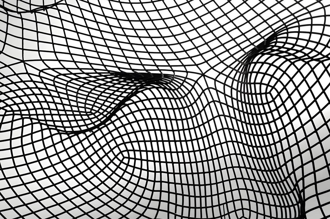 Close-up black-and-white photo of distorted square-grid mesh netting bowed and warped into organic curves.