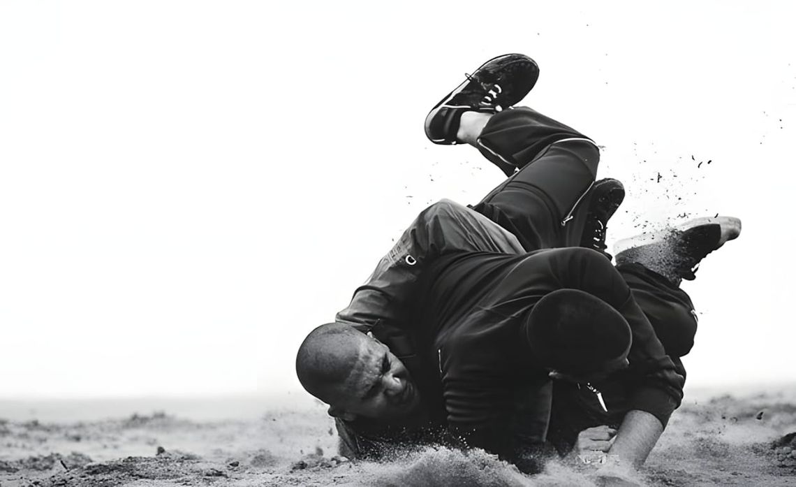 B&W editorial: two men grappling on sand in dark Adidas x Kazuki Kuraishi athletic wear, FW2010 booklet.