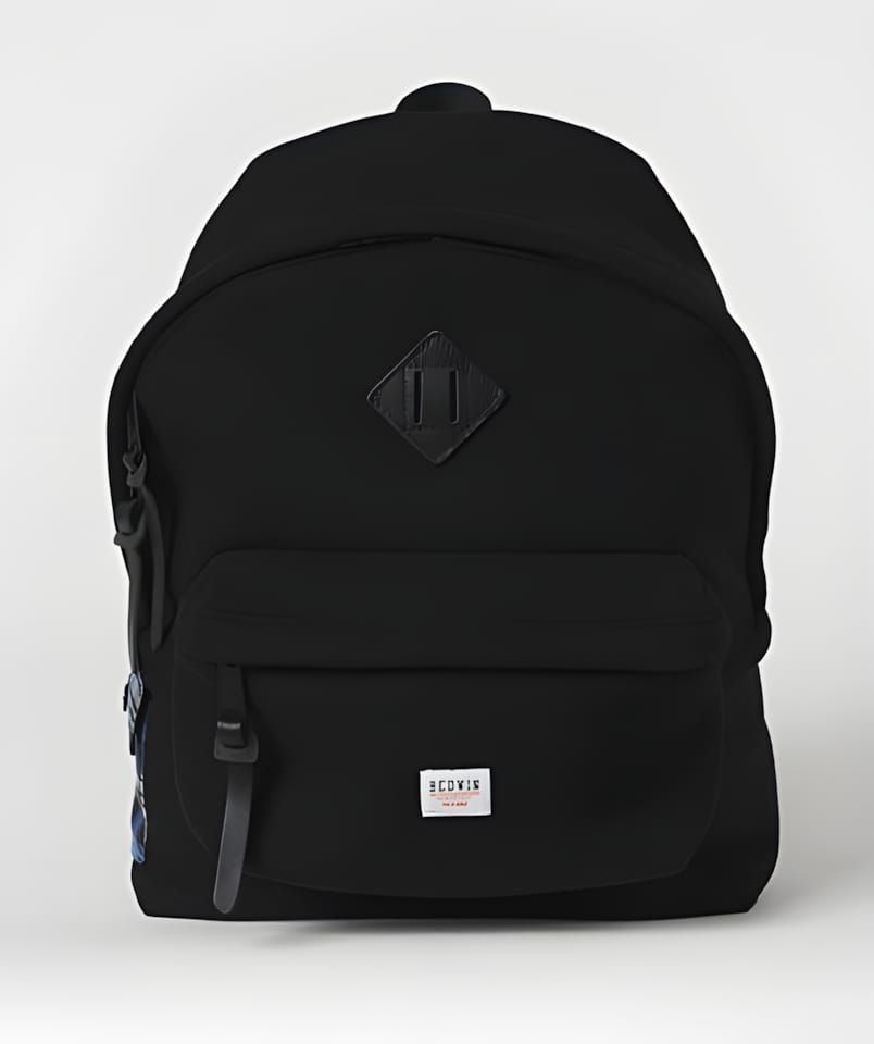 Bedwin & The Heartbreakers black Waffle Day Pack with woven brand label on front pocket and leather diamond zip pull.