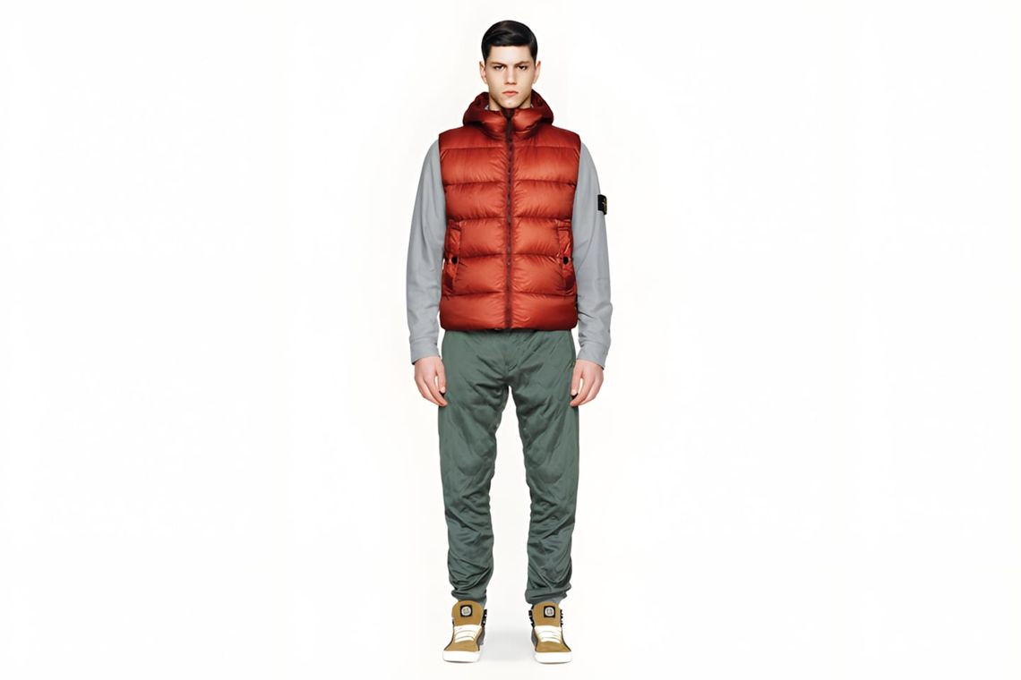 Stone Island Fall/Winter 2013 garment dyed down gilet in brick red, micro ripstop nylon shell with compass badge patch at lef