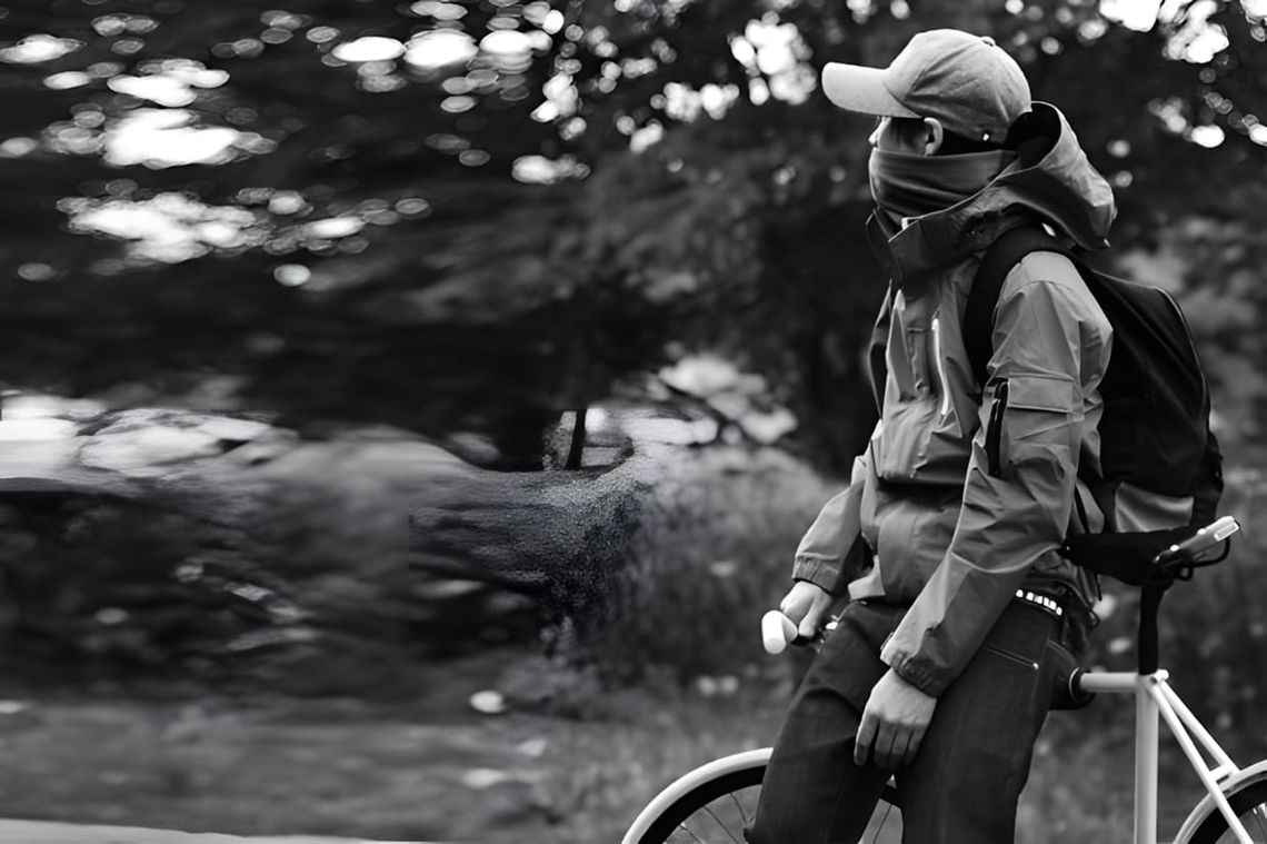 Black-and-white lookbook photo of a male figure standing beside a fixed-gear bicycle, wearing a multi-pocket technical shell 