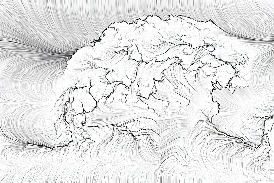 Algorithmic topographic line drawing by Leonardo Solaas from his 'Linear Landscapes' series, showing flowing swirls of dense 