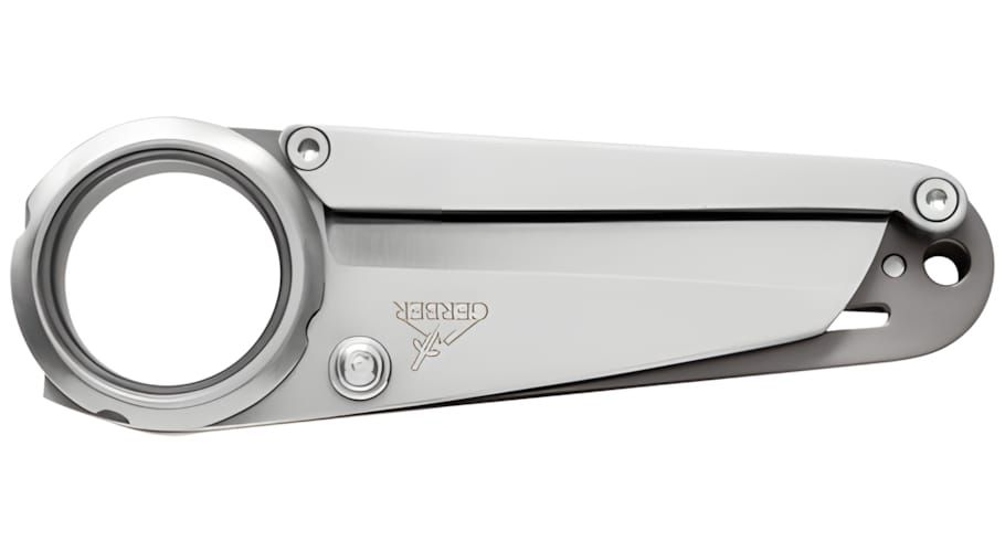 Gerber Mini-Remix folding knife shown closed, stainless steel body with finger-hole ring opener and etched Gerber logo, plain