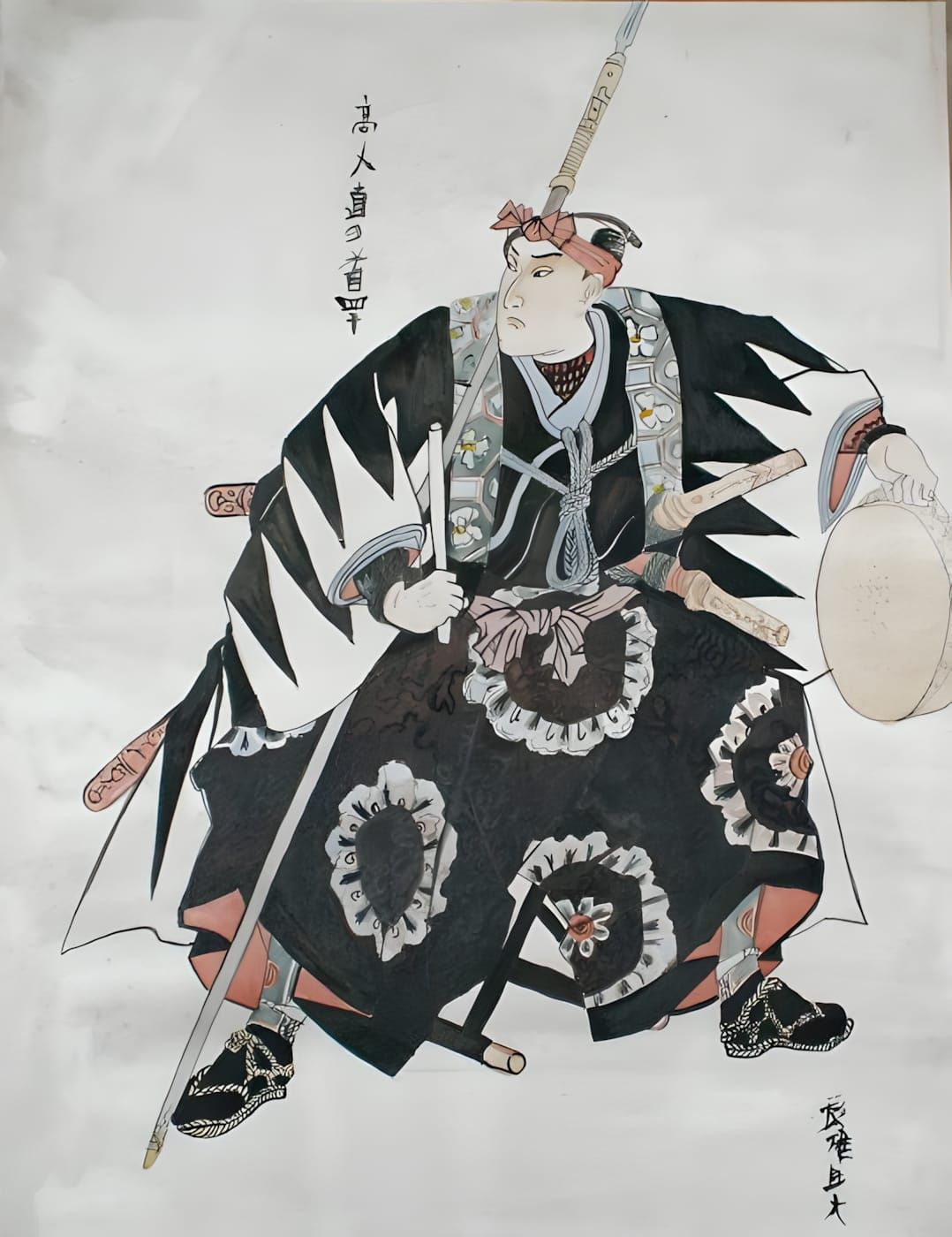 Ink and watercolor painting of a seated Japanese warrior in black kimono with circular mon crests, holding fan, yari spear vi