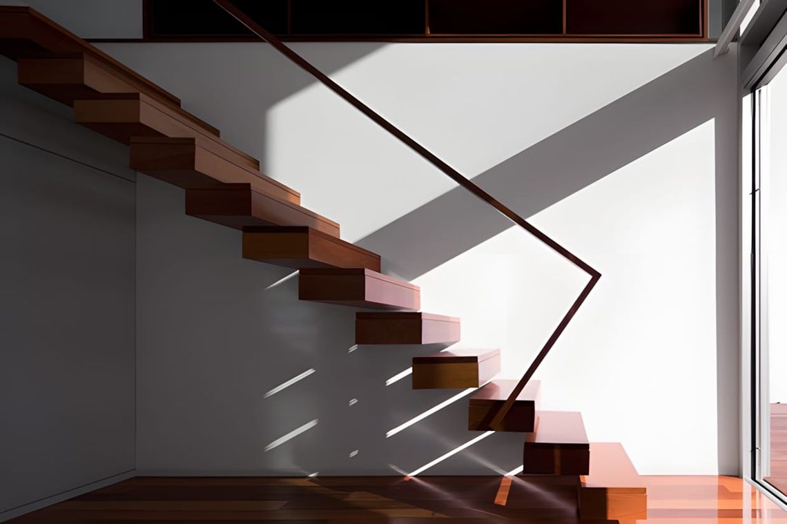 Cantilevered timber staircase with angular black steel rail; dappled afternoon light on white wall.