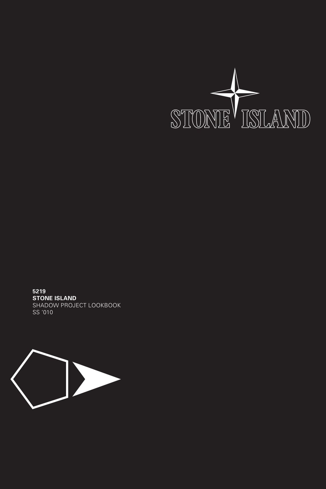 Stone Island Shadow Project SS2010 lookbook cover, black Stone Island Shadow compass logo on matte black